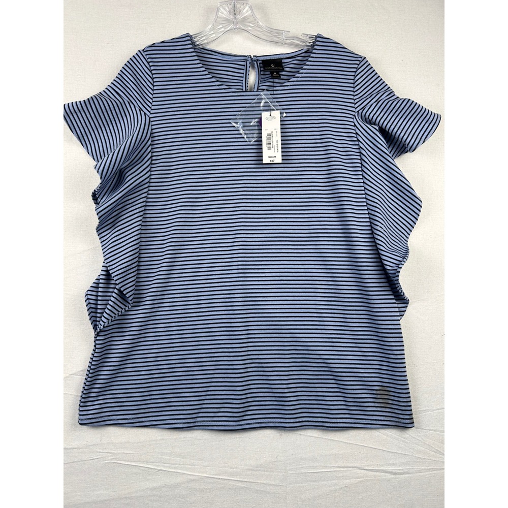 Worthington Womens Blue Black Striped Ruffle Side Knit Top Size M NWT 833-2121